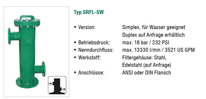 Leitungsfilter, Baureihe SRFL-SW
- aus einem zylinderförmigen Gehäuse aus unedlem Metall mit Einlass- und
  Auslassflansch sowie einem Filterelement in Form eines Edestahlkorbsiebs
  (Abbildung siehe Anlage),
- für den Einbau in Rohrleitungen von Medienkreisläufen zum Reinigen von Wasser,
  Kühl- und Schmierstoffen usw. bestimmt.

"Apparat zum Filtrieren oder Reinigen von Flüssigkeiten, keine Ware der TARIC-Codes
 8421 2100 10 bis 8421 2980 10 - sog. Leitungsfilter"