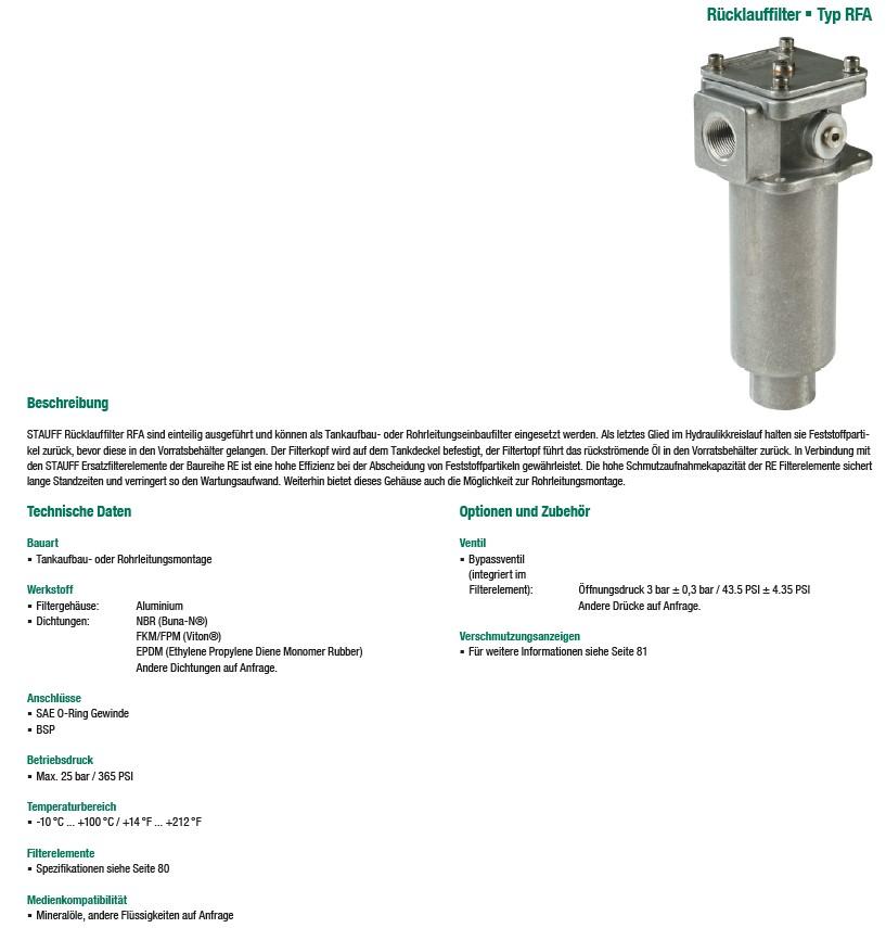 Rücklauffilter Baureihe RFA,
- aus einem spezifisch geformten Gehäuse (Filterkopf und Filtertopf) aus Aluminium
  (Länge: 233,5 mm, Ø 70 mm) mit Gewindeanschluss sowie integriertem Filterelement
  (Filtermaterial: Glasfaser, Edelstahl oder Filterpapier) mit Ein- und Auslassöffnungen 
  (Abbildung siehe Anlage),
- zur Verwendung als Tankaufbau- oder Rohrleitungseinbaufilter,
- zum Filtrieren von Mineralöl in Hydraulikkreisläufen.

"Apparat zum Filtrieren von Flüssigkeiten, keine Ware der TARIC-Codes 8421 2100 10 bis 8421 2980 10 - sog. Rücklauffilter"