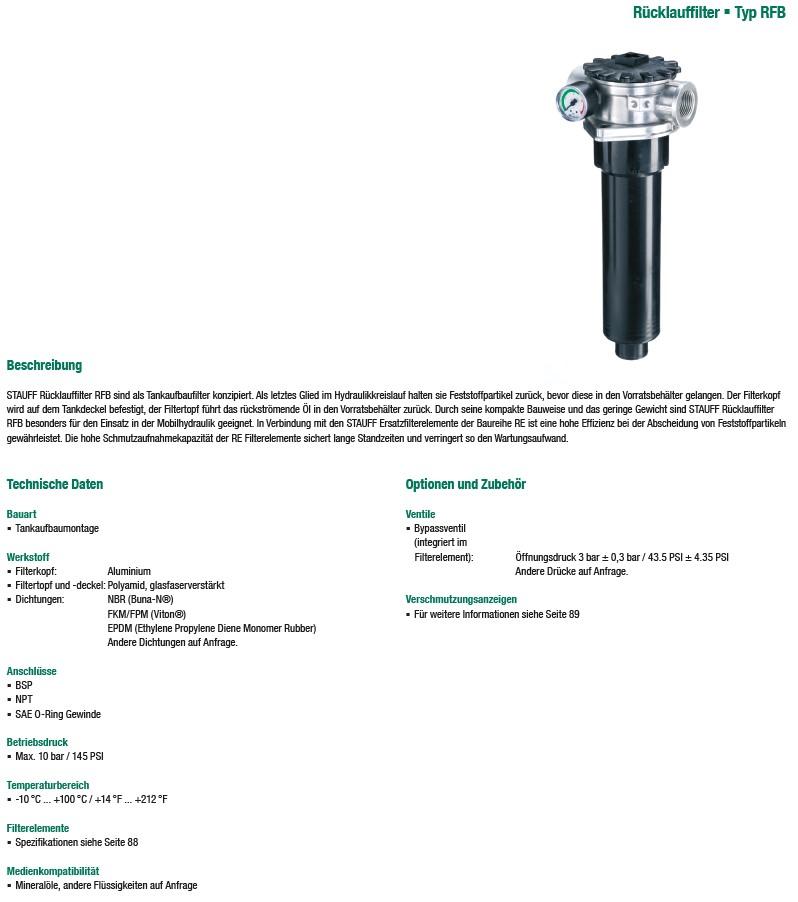 Rücklauffilter, Baureihe RFB,
- aus einem Gehäuse mit Filterkopf aus Aluminium, Filtertopf aus Kunststoff, Filterelement mit
  integriertem Bypassventil, Gewindeanschluss und Manometer (Abbildung siehe Anlage),
- zum Filtrieren von Mineralöl sowie zum Messen des Drucks.
Der Rücklauffilter übt die kennzeichnende Haupttätigkeit aus.

"Apparat zum Filtrieren oder Reinigen von Flüssigkeiten, keine Ware der TARIC-Codes 8421 2100 10
 bis 8421 2980 10 (Kombination aus Rücklauffilter -kennzeichnende Haupttätigkeit- und Manometer)
 - sog. Rücklauffilter"