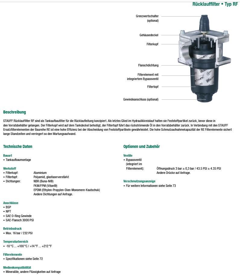 Rücklauffilter, Baureihe RF
- aus einem Gehäuse mit Filterkopf aus Aluminium, Filtertopf aus Kunststoff mit
 Gewindeanschluss, Filterelement mit integriertem Bypassventil sowie
 Grenzwertschalter (Abbildung siehe Anlage),
- zum Filtrieren von Mineralöl.

"Apparat zum Filtrieren oder Reinigen von Flüssigkeiten, keine Ware der TARIC-Codes
 8421 2100 10 bis 8421 2980 10 - sog. Rücklauffilter"
