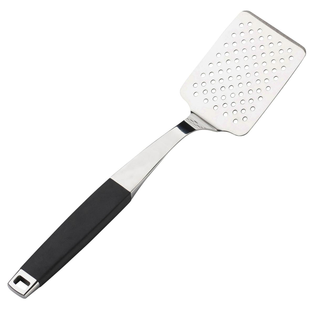 "Grillwender"

- mit freiem Arm zu handhabendes Erzeugnis aus nicht rostendem Stahl

- mit einem gelochten rechteckigen, an der vorderen Kante angeschliffenen arbeitenden Teil und
  einem geschwungenen Stiel mit einem gummierten Griff

- hinter dem Griff mit einer Lochung zum Aufhängen ausgestattet

- zum Wenden von Grillgut

- auf einem bedruckten Pappkartonzuschnitt aufgeblistert

Abbildung siehe Anlage.

Derartige Erzeugnisse gehören als "den Tortenhebern ähnliche Waren, mit arbeitendem Teil aus
nicht rostendem Stahl, andere als in den Codenummern 8215 1020 00 0 bis 8215 9100 00 0 genannte"
zur Codenummer 8215 9910 00 0 des Zolltarifs.