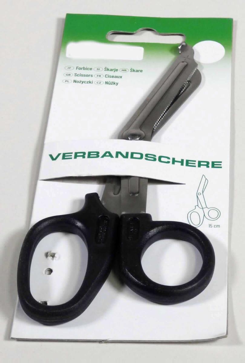 "Verbandschere";

- mit freiem Arm zu handhabendes Erzeugnis

- aus zwei um einen Stift x-förmig beweglich gelagerten, abgewinkelten Scherenblättern aus 
  unedlem Metall, davon ein Scherenblatt leicht gezahnt und mit einem halbkreisförmigen 
  Fortsatz versehen

- zum Durchstecken der Finger am unteren Ende jeweils mit ringartigen Griffösen aus Kunststoff 
  versehen

- auf einem Pappreiter aufgemacht

- zum Zu- und Aufschneiden von Verbandmaterial

- eine Einreihung in die Pos. 9018 kommt nicht in Betracht, da die Beschaffenheit eine eindeutige 
  medizinische oder chirurgische Bestimmung nicht erkennen lässt..

Abbildung siehe Anlage.

Derartige Erzeugnisse gehören als "Scheren, mit arbeitendem Teil aus unedlem Metall" zum 
TARIC-Code 8213 0000 00.