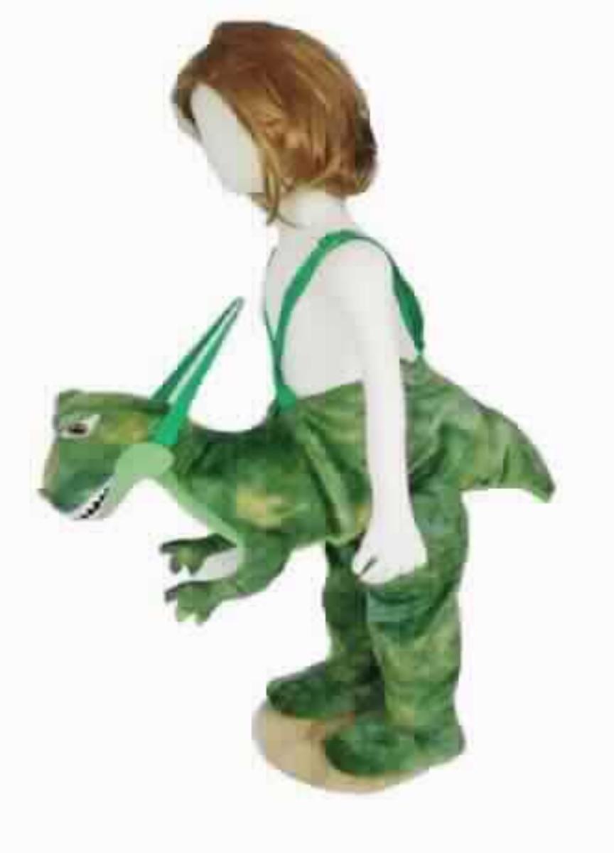 Lange Hose, sog. Kinder Ride-On Kostüm - Dinosaurier, Kopf NAN8344589, in Kindergröße, Foto siehe Anlage,
- in Art eines stilisierten Dinosauriers,
- aus bedruckten Samtgewirken bzw. verschiedenen einfarbigen, gerauten Gewirken aus synthetischen 
  Chemiefasern,
- in der Taille abschließend, ohne Taillenbund,
- teilweise gefüttert, 
- mit ca. 2,5 cm breiten, jeweils mit einer Schnalle und einer Öse aus Kunststoff versehenen, längenverstellbaren 
  Trägern aus gewebten Bändern aus Spinnstoffen,
- ohne Öffnung und ohne Verschluss, ohne Hinweise auf den Trägerkreis (unisex),
- mit knöchellangen, die "Hinterläufe" des "Dinosauriers" darstellenden Hosenbeinen; mit gamaschenähnlichen, mit 
  Schaumkunststoff gepolsterten Beinabschlüssen und Stegen aus einem elastischen Band,
- hinten mit einem angesetzten "Schwanz", vorn mit einem angesetzten, stilisierten "Oberkörper" mit "Vorderläufen" 
  und einem "Kopf" aus den oben genannten Gewirken ausgestattet, alles mit Wattierungsstoff gefüllt; am Kopf 
  mit einem "Zügel" aus den oben genannten Geweben, 
- mit "Pupillen" aus augenscheinlich Kunststoff,
- mit "Zahnreihen" aus augenscheinlich Vliesstoffen der Position 5603, 
- wird nicht vom Warenkreis des Kapitels 95 erfasst; gehört insbesondere als Kleidung zum Verkleiden
  (Maskenkostüm) aus Spinnstoffen des Kapitels 61 nicht zum Warenkreis der Position 9505 und aufgrund des 
  eigenen Gebrauchswertes auch nicht zum Warenkreis der Position 9503. 

"Lange Hose, aus Gewirken, für Frauen, aus synthetischen Chemiefasern"