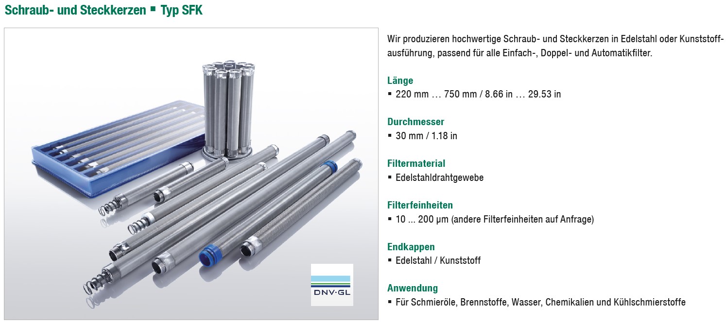 Schraub- und Steckkerzen, Typ SFK,
- in Form eines zylinderförmigen Erzeugnisses in Edelstahl- oder Kunststoffausführung mit einem
  Filtermedium aus Edelstahldrahtgewebe, mit Endkappen aus Kunststoff oder Edelstahl, unvoll-
  ständig, Abbildung siehe Anlage,
- zum Reinigen und Filtrieren von verschiedenen Flüssigkeiten (z. B. Schmierstoffe, Brennstoffe,
  Wasser, Chemikalien und Kühlschmierstoffe).

"Apparat zum Filtrieren von Flüssigkeiten, keine Ware der TARIC-Codes 8421 2100 10 bis
 8421 2980 10, unvollständig - sog. Schraub- und Steckkerzen"