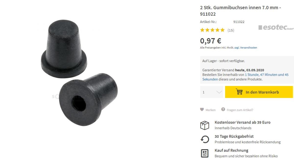 Angaben des Antragstellers:
Gummibuchse (innen)
Die Gummibuchse besteht aus einem NBR-Kautschuk.

Feststellungen an einem vorgelegten Photo:
Schwarzes, stopfenförmiges Formteil.

Befund:
Es handelt sich um eine andere Ware aus Weichkautschuk der Unterposition (KN) 4016 9997.