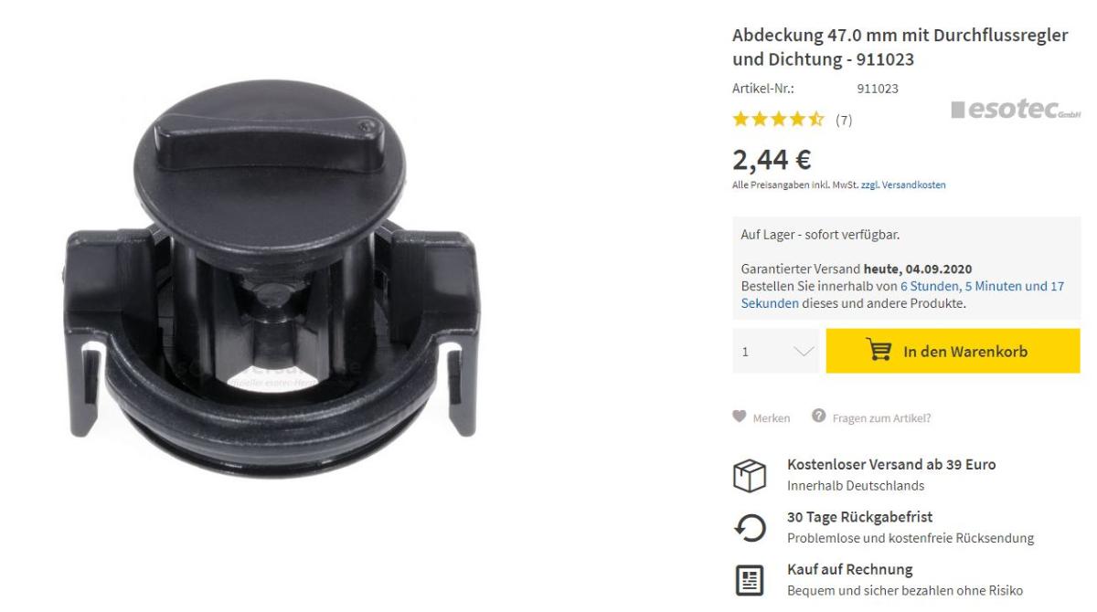 Sog. Verschluss,
- aus einem etwa zylinderförmigen, spezifisch geformten Körper aus Kunststoff mit zwei
  Halteclips, fest angebrachtem Dichtring und einem beweglich eingesetzten Durchfluss-
  regler mit einem flachen, runden Kopf und flügelradartig Reduzierelement,
- zur Wasserregulierung und zur Reduzierung des Wasserdurchflusses, indem die Durch-
  flussöffnung verkleinert wird.
- zum Einbau in eine Wasserpumpe für Gartenteichanlagen bestimmt.

"Andere Armaturen und ähnliche Apparate für Rohr- oder Schlauchleitungen als von den
 Codenummern 8481 1005 10 0bis 8481 8099 70 0 erfasst - sog. Verschluss aus Kunststoff"