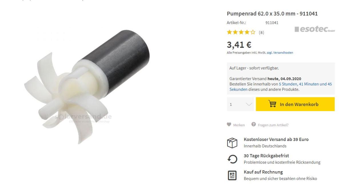 Pumpenrad
- aus einem zylinderförmigen Körper mit Laufrad mit fünf regelmäßig angebrachten
  Schaufeln aus Kunststoff sowie einem Magneten,
- als Förderorgan einer Flüssigkeitspumpe bestimmt.

"Teil, erkennbar ausschließlich für Flüssigkeitspumpen bestimmt, keine Ware der
 TARIC-Codes 8413 9100 10 bis 8413 9100 50 - sog. Pumpenrad"
