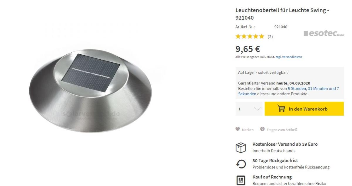Es handelt sich um ein rundes, deckelartig gestaltetes Lampenoberteil aus Edelstahl, mit mittig eingearbeiteter, rechteckiger Solarzelle, das mit elektrischer Ausstattung, Akku und LED ausgerüstet ist. Das Erzeugnis stellt das Lampenoberteil  einer Solarleuchte dar.

Hinweise auf Handfertigung liegen nicht vor.

Die beschriebene Ware ist als "erkennbares Teil für Beleuchtungskörper, anderweit weder genannt noch inbegriffen, aus Stahl, nicht für zivile Luftfahrzeuge, nicht handgearbeitet" einzureihen.