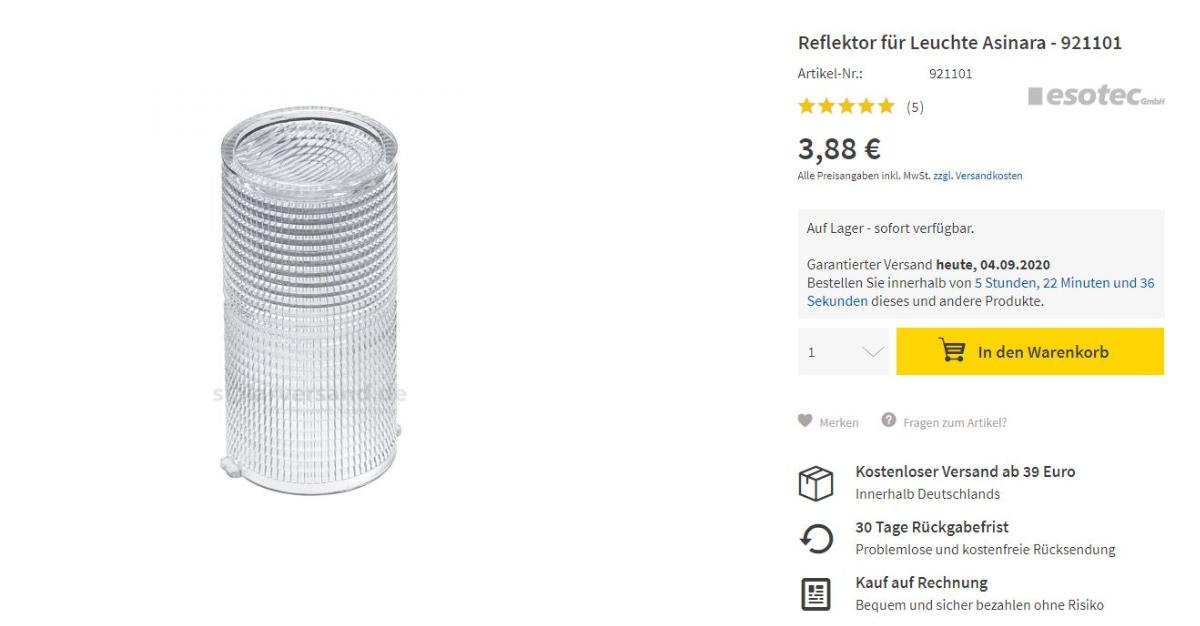 Es handelt sich bei dem sog. "Reflektor" um einen zylindrischen Aufsatz aus transparentem Kunststoff mit einer Riffelung rundum zur Lichtbrechung.
Nach Befestigung an einem runden Lampendeckel bzw. Oberteil über einer LED dient er als notwendiges und erkennbares Teil einer Solarleuchte.

Die Ware ist als "erkennbares Teil aus Kunststoff, zum Ausstatten von elektrischen Beleuchtungskörpern, anderweit weder genannt, noch inbegriffen, nicht für zivile Luftfahrzeuge" einzureihen.