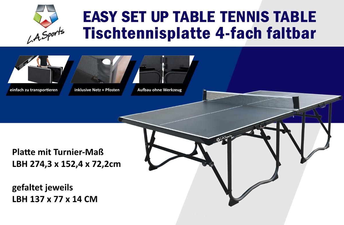 Bei den durch Abbildungen und Beschreibungen veranschaulichten Erzeugnissen handelt es sich um einen Ausrüstungsgegenstände für Tischtennis in Form von Tischtennisplatten,
- aufgebaut in den Abmessungen von ca. 274,3 x 152,4 x 72,2 cm (L x B x H, lt. Antragsangaben),
- bestehend aus zwei Hälften aus einer ca. 15 mm dicken, lackierten Feinspanplatte als
  Spielfläche, die mit einem Rahmen und breiten Tischbeinen aus Stahl versehen sind,
- mit einem Tischtennisnetz ausgestattet,
- jeweils faltbar; an den Längsseiten mit Griffen und Rollen zum Transport ausgestattet,
- stellt sich aufgrund der Gestaltung und Abmessungen als Ausrüstungsgegenstand für den
  Tischtennissport dar (somit keine Ware der Position 9504),
- noch nicht zusammengesetzt in einem Pappkarton verpackt (lt. zusätzlichen Angaben).

Derartige Erzeugnisse werden zolltarifrechtlich als "Geräte und Ausrüstungsgegenstände für Tischtennis, im Kapitel 95 anderweit weder genannt noch inbegriffen" eingereiht.