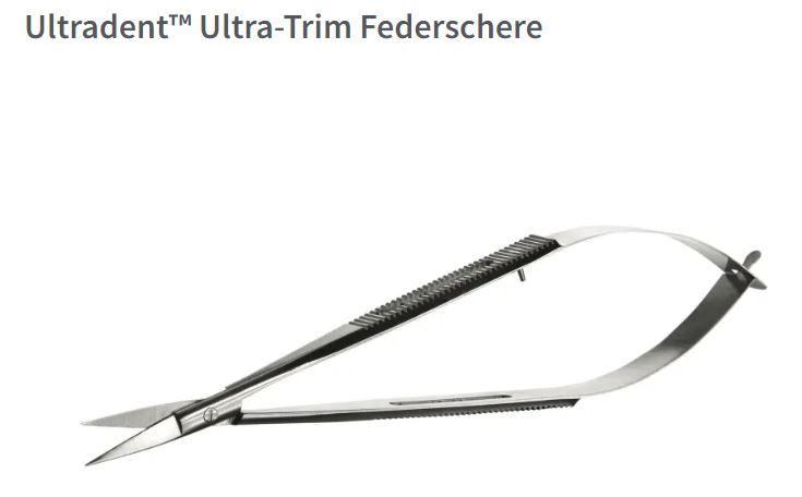 Federschere, sog. Ultra-Trim, in Form einer Spezialschere aus Edelstahl, mit kurzen, gezahnten Schneiden und bogenförmig zusammengeführten Metallbändern, die die Bedienung über einen Federmechanismus ermöglichen, Länge ca. 16 cm.
Äußere Form: Siehe Abbildung in der Anlage. 
Die Schere ist zum Beschneiden von Vinyl-Schienen und -löffeln für Zahnaufhellungsbehandlungen durch zahnmedizinisch geschultes Personal oder Zahnärzte bestimmt. 

Die Ware, welche in einem etikettierten PE-Beutel mit Autoklavierbeschreibung verpackt ist, wird als "zahnärztliches Instrument, nicht von den Unterpositionen (KN) 9018 1100 bis 9018 4910 erfasst " eingereiht.