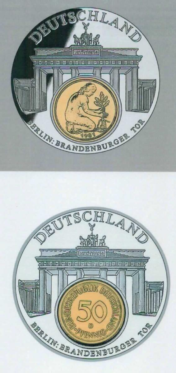 Es handelt sich um zusammengesetzte Waren, bestehend aus
- einer runden Münze aus einer Kupfer-Nickel-Legierung mit gewichtsmäßig vorherrschendem 
  Kupfergehalt, vergoldet, 
- - auf der Wertseite mit eingeprägtem Nennwert "50 Pfennig" und dem Ausgabeland 
    "Bundesrepublik Deutschland",
- - auf der Bildseite mit dem Ausgabejahr "1981" und einem Bildmotiv (knieende Frau, mit 
    Baumsprössling) versehen, und
- einer Medaille aus Kupfer, versilbert,
- - auf der Vorderseite mit eingeprägtem Bildmotiv (Brandenburger Tor) und den Umschriften
    "Deutschland" und "Berlin: Brandenburger Tor".
Die Münze ist in die Medaille lose eingelegt. 
-Antragstellerangaben-

Bei den aus verschiedenen Bestandteilen zusammengesetzten Waren ist die Münze insbesondere im Hinblick auf den Wert und das äußere Erscheinungsbild charakterbestimmend. Die Münze war im Ausgabeland gesetzliches Zahlungsmittel, wurde jedoch außer Kurs gesetzt. 

Abbildung siehe Anlage.

Derartige Erzeugnisse gehören als "Münzen, keine gesetzlichen Zahlungsmittel, aus unedlen Metallen" zur Codenummer 7118 1000 00 2 des Zolltarifs.