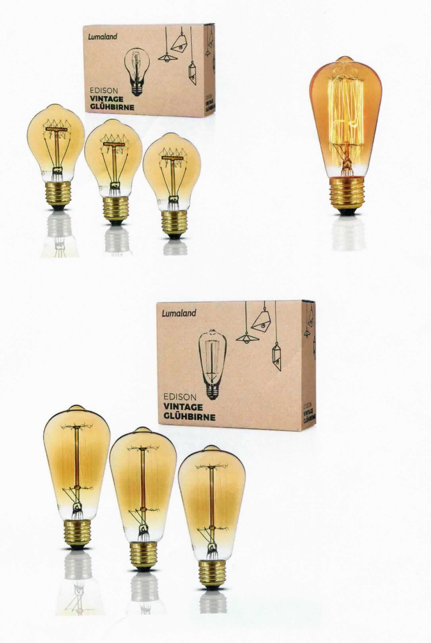 Glühbirnen Edison Vintage Look, einzeln oder 3er Set,
- aus einem bulbenförmigen, goldfarbenem Lampenglas mit Wolframglühfaden
  und E27-Schraubsockel,
- für eine Spannung von 230 Volt, mit einer Leistung von 40 Watt,
- zur Verwendung als Leuchtmittel.
  (Abbildung siehe Anlage)

"Elektrische Glühlampe, keine Wolfram-Halogen-Glühlampe, mit einer Leistung
 von weniger als 200 W und für eine Spannung von mehr als 100 V,
 keine Reflektorlampe -sog. Glühbirnen Edison Vintage Look"