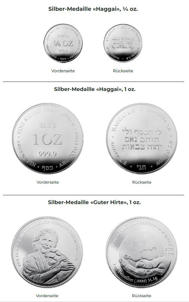 Geprägte Silbermedaillen:
Es handelt sich um geprägte Silbermedaille in Form einer stilisierten Münze.
Gefertigt aus Feinsilber (999,9), Gewicht: wahlweise 7,775 g (1/4 oz.) oder 31,1 g (1 oz.).
Ohne Nominalwert, ohne Hoheitszeichen, keine Funktion als gesetzliches Zahlungsmittel.
Prägemotiv "Haggai" mit hebräischem Schriftzug (Haggai 2,8), oder beidseitiges christliches Motiv "Guter Hirte" inkl. hebräischem Schriftzug (Kadosh). 
Verpackung üblicherweise zu 20 Stück in versiegeltem Tube und befüllt mit Argon-Gas oder einzeln in Kunststoffkapseln für Geschenkzwecke.
Beilage eines Echtheitszertifikats.
Kein Schmuck im zollrechtlichen Sinn, keine Tragfunktion.

Keine Münze der Position 7118, weil kein gesetzliches Zahlungsmittel.

Abbildung siehe Anlage.

Derartige Erzeugnisse gehören als "andere Waren aus Edelmetallen" zur Codenummer 7115 9000 000  des Zolltarifs.