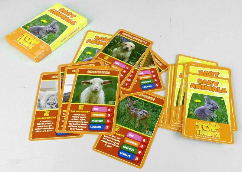 Bei der durch ein Warenmuster veranschaulichten Ware handelt es sich um ein Kartenspiel, sog. "Mc Donald´s - Top Trumps - 2021", Motiv "Baby Animals". Dieses besteht aus 30 etwa 10 x 6,2 cm großen Spielkarten aus Pappe, die auf der Vorderseite mit einer Tierabbildung, vier Kategorien (Size, Cuteness, Mischief und Loyalty) mit einer Punktzahl von 1 bis 10 sowie einer Eigenheit des abgebildeten Tieres farbig bedruckt sind. Die Spielkarten sind auf der Rückseite einheitlich bedruckt.

Zunächst werden die Karten gemischt und verdeckt an die Mitspieler ausgeteilt. Der erste Spieler deckt seine oberste Karte auf und nennt die Kategorie mit den meisten Punkten. Der Mitspieler, der in dieser Kategorie die meisten Punkte hat, erhält die entsprechenden Karten. Derjenige Spieler, der alle Karten gewonnen hat, gewinnt das Spiel.

Das Kartenspiel ist gemeinsam mit einem Druckerzeugnis zum Aufschreiben einer eigenen Karte sowie einer Anleitung als Warenzusammenstellung in einem Pappkarton verpackt.

Derartige Erzeugnisse werden zolltarifrechtlich als "Gesellschaftsspiel, Spielkarten" eingereiht.