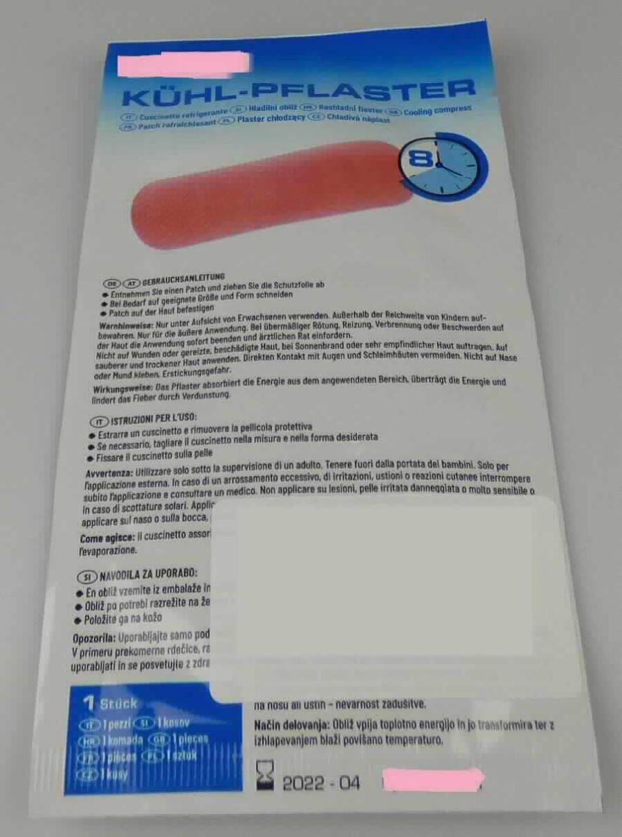 Angaben:
Kühlpflaster. Das Pflaster absorbiert die Energie aus dem angewendeten Bereich und lindert das Fieber durch Verdunstungskälte.

Feststellungen:
Weißes Vliesgewebe in der Größe 11 x 4 cm, welches mit einem rosafarbenen, festen Gel beschichtet ist. Die Ware ist in Aufmachung für den Einzelverkauf in einem überwiegend weiß und blau bedruckten Metallfolienbeutel verpackt.

Befund:
Chemische Erzeugnisse und Zubereitungen der chemischen Industrie oder verwandter Industrien (einschließlich Mischungen von Naturprodukten), anderweit weder genannt noch inbegriffen; chemische Erzeugnisse oder Zubereitungen, überwiegend aus organischen Verbindungen bestehend, anderweit weder genannt noch inbegriffen; andere.
