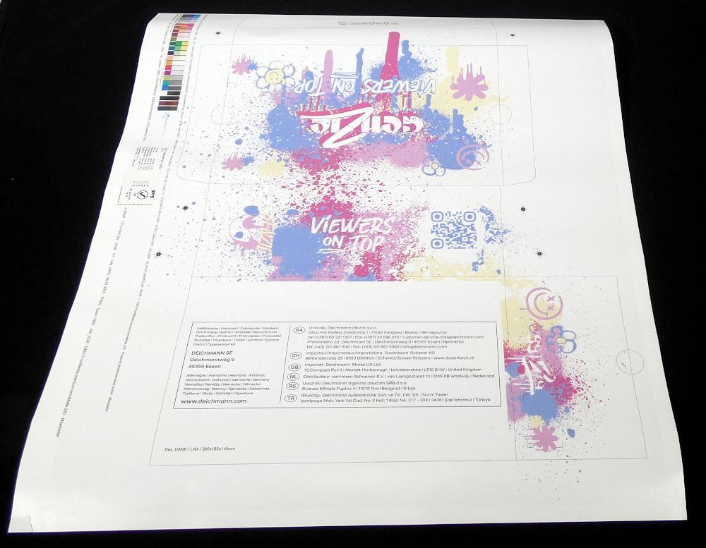 Es handelt sich um einen rechteckigen Bogen (Abmessung: etwa 61 x 54,5 cm) aus Papier, der einseitig mit dem Layout eines Schuhkartons bedruckt ist. Neben dem Layout sind auf dem Bogen weitere Angaben wie z. B. Vergleichsfarbtöne, Kontaktdaten und ein QR-Code aufgedruckt. Das Erzeugnis dient als Druckvorlage für einen Schuhkarton.

Abbildung siehe Anlage.

Derartige Erzeugnisse gehören als "andere Drucke, andere als solche der vorgenannten Unterpositionen" zum TARIC-Code 4911 99 00 00.