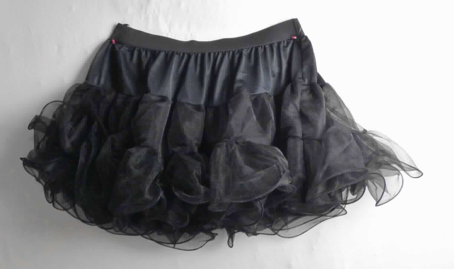 Unterrock, sog. Petticoat für Damen, Größe 44/46, Foto siehe Anlage,
- aus laut Antrag Polyester (synthetische Chemiefasern),
- im Bereich des sog. Sattels (an den Taillenbund anschließender, ca. 11 cm breiter Teil) aus ca. 0,3 mm dicken, 
  einfarbigen, durchscheinenden Gewirken, im restlichen Bereich mit drei annähernd gleich langen, am sog. Sattel in 
  Rüschen angenähten Lagen aus jeweils 0,3 mm dicken, netzartig durchbrochen gearbeiteten Kettengewirken,
- über den Schritt reichend (Länge: 42 cm), 
- in der Taille abschließend, mit einem elastischen Taillenbund,
- ohne Öffnung und ohne Verschluss,
- an den unteren Rändern durch Überwendlichnähte gesäumt und mit einem ca. 1 mm dicken, eingearbeiteten 
  Monofil verstärkt,
- wird aufgrund des durchscheinenden Materials und der Verarbeitung nicht ohne ein weiteres, den Unterkörper
  bedeckendes Kleidungsstück getragen, somit keine Kleidung der Position 6104.

"Unterrock, aus Gewirken, für Frauen, aus Chemiefasern"