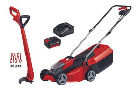 Maschinen-Set für den Garten (Abbildung siehe Anlage)
- bestehend aus einem Akku-Rasenmäher in einem Kunststoffgehäuse mit vier Rädern, Zusatzgriff, ein-
  gebautem Elektromotor, horizontal rotierendem Schneidwerk, dreistufiger axialer Schnitthöhenverstel-
  lung, klappbarem Führungsholm, integriertem Tragegriff sowie Grasfangkorb (Fassungsvermögen 25 l),
- zum Mähen von Rasenflächen,
- in einer gemeinsamen Verkaufsumschließung mit einem Rasentrimmer, einem 3,0 Ah Power X-Change
  Akku, einem Ladegerät, 20 Ersatzmessern sowie einer Bedienungsanleitung (Beipack).
Der Akku-Rasenmäher bestimmt hinsichtlich des Wertes den Charakter des Ganzen.

"Rasenmäher mit Elektromotor und horizontal rotierendem Schneidwerk (Warenzusammenstellung in
 Aufmachung für den Einzelverkauf aus Rasenmäher - charakterbestimmend - und Beipack) - Maschi-
 nen-Set für den Garten"