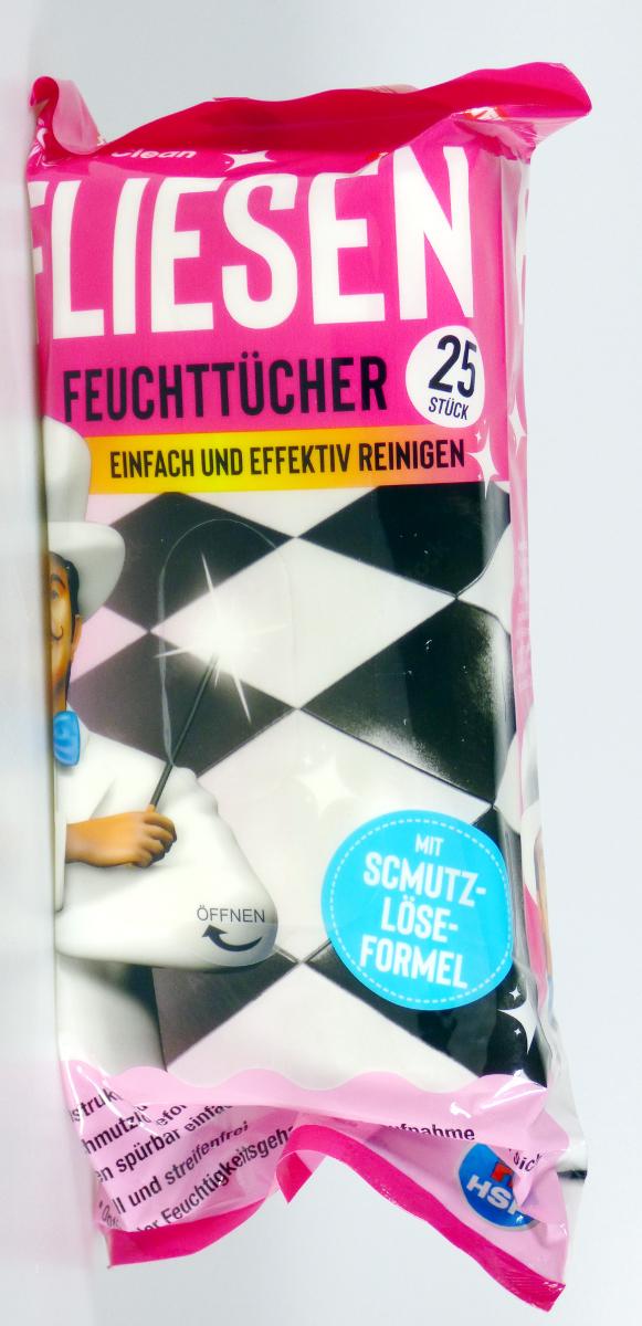 Angaben:
Feuchttücher Fliesen; 25 Stück; zur Bodenreinigung.

Warenbeschaffenheit:
Weiße, getränkte Vliestücher (mit den Maßen ca. 30 x 19,5 cm), zu 25 Stück in einem bedruckten, wiederverschließbaren dreiseitig verschweißten Folienbeutel verpackt.

Befund:
Vliesstoffe mit Reinigungsmitteln getränkt, andere als zur Körperpflege.