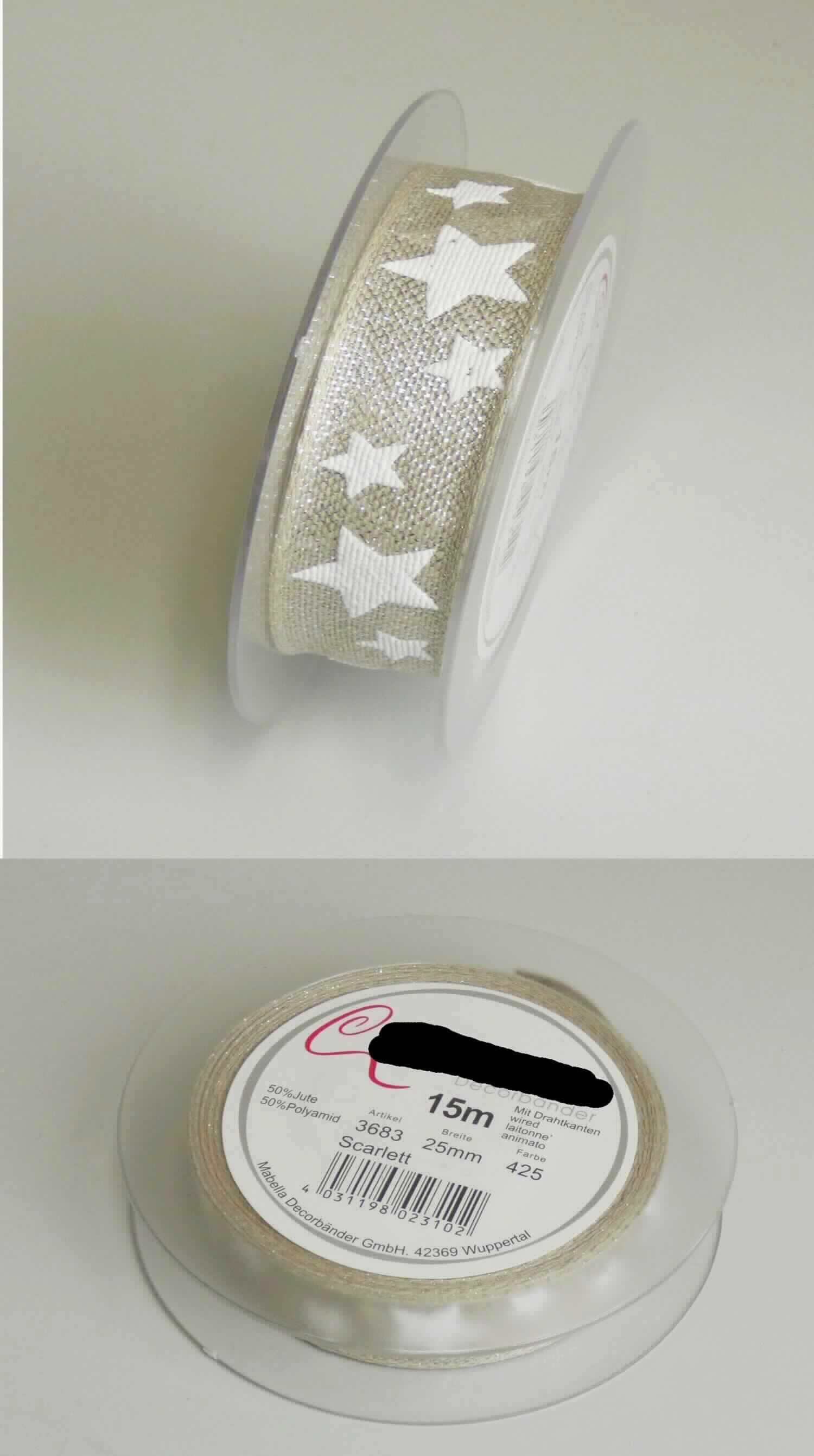 Band, sog. gewebtes Band mit Drahtkante, Foto siehe Anlage,
- als Meterware auf Rollen (Kunststoffspule), laut Antrag mit einer Breite von 2,5 cm und einer Länge von 15 m,
- laut Untersuchungsergebnis:
-- aus einem Gewebe aus Garnen aus Baumwolle, synthetischen Monofilen und metallisierten Garnen der Position 
   5605, bestehend aus einem mit einem metallisierten Streifen (Streifenbreite ca. 1 mm) aus synthetischer 
   Spinnmasse umwickelten Monofilamenten,
-- mit einem Gesamtanteil an:
--- Baumwolle von ca. 61 GHT,
--- synthetischen Monofilen von ca. 0,5 GHT,
--- metallisierten Garnen von ca. 24,5 GHT,
--- Metallfäden von ca. 14 GHT,
-- mit echten Webkanten an beiden Längsseiten und mit den Metallfäden verstärkt,
-- musterbildend mit Kunststoff bedruckt,
-- keine Elastomergarne oder Kautschukfäden enthaltend.

"Band, keine Waren der Position 5807, andere als in den Unterpositionen 5806 10 und 5806 20 genannte, aus  
 Baumwolle"