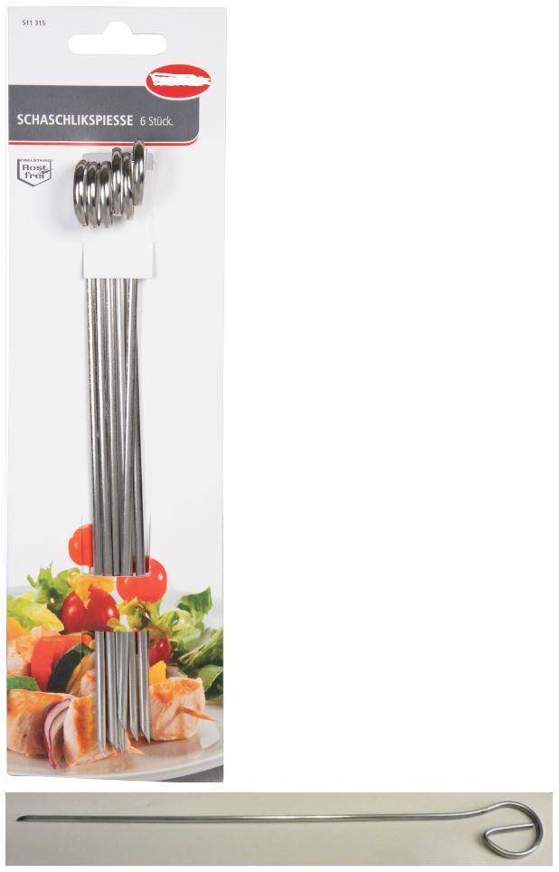 Es handelt sich um vollständig aus nicht rostendem Stahl gefertigte Grillspieße in Form eines flach gepressten Stabes, der mit einem spitz zulaufenden und einem ringähnlich gebogenen Ende versehen ist. Die Erzeugnisse dienen zum Aufspießen, z. B. von Fleisch und Gemüse zu deren Zubereitung und sind zu sechs Stück auf einer bedruckten Pappunterlage aufgebracht.
Länge: etwa 21,5 cm.
- Antragstellerangaben -

Abbildung siehe Anlage.

Derartige Erzeugnisse gehören als "andere Haushaltsartikel aus nicht rostendem Stahl" zur Codenummer 7323 9300 90 0 des Zolltarifs.