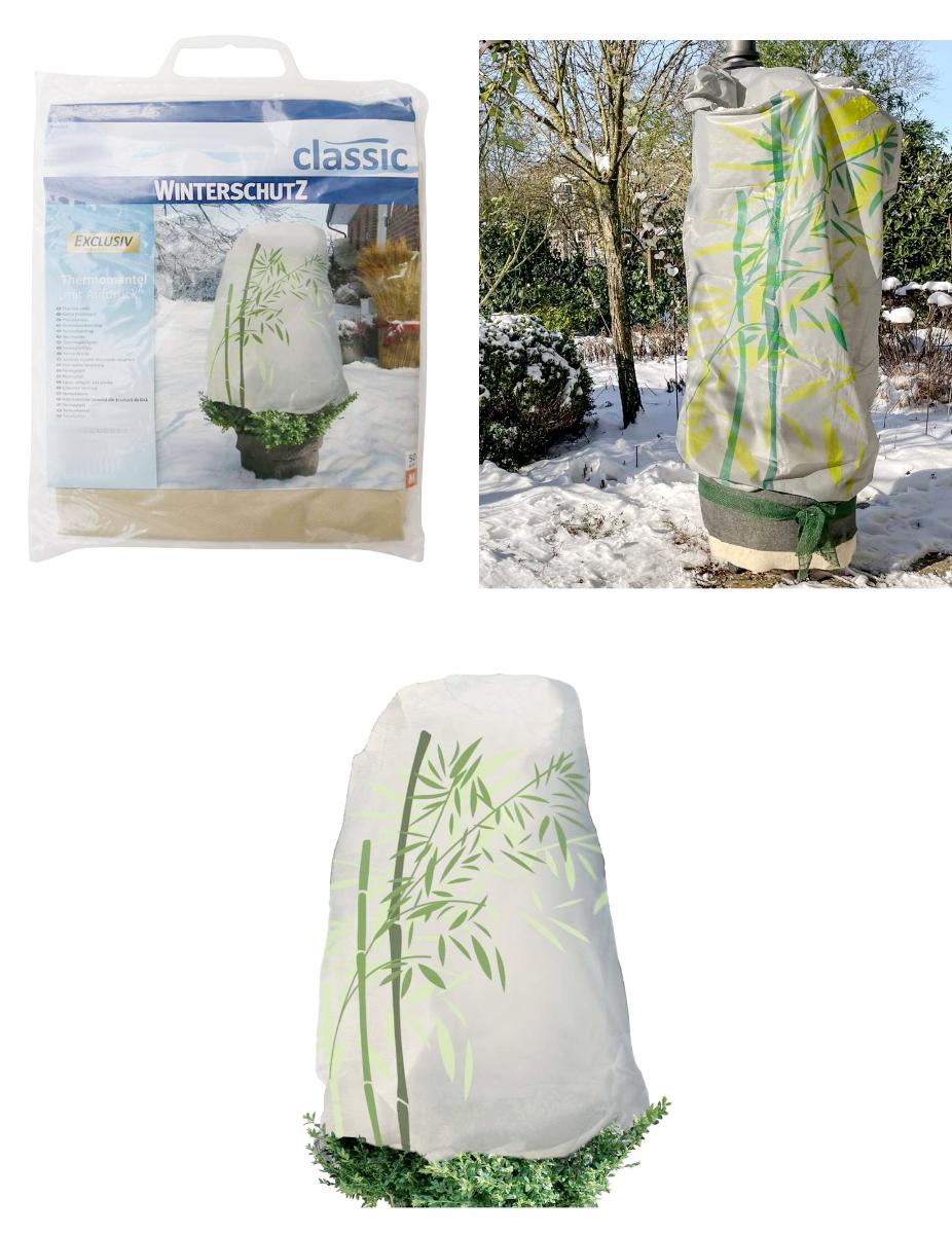 Pflanzen-Frostschutz, sog. Winterschutz Thermomantel BAMBUS, Foto siehe Anlage,
- in einer einfachen Tragetasche mit einem bedruckten Papiereinleger verpackt,
- flachliegend in rechteckiger Form, unten und oben offen; laut Antrag in der Stärke 50 g/m² und
  der Größe M, in geschlossenem Nutzzustand mit einer Höhe von 100 cm und einem Durch-
  messer von 50 cm, 
- aus mit floralen Motiven bedruckten, thermisch verfestigten Vliesstoffen aus Chemiefasern,
- mit einem vom unteren bis zum oberen Rand reichenden Reißverschluss versehen,
- am unteren und oberen gesäumten Rand mit jeweils einem im Saum eingezogenen Tunnelzug
  mit Kordelstopper ausgestattet,
- durch Zusammenfügen konfektioniert.

"Andere konfektionierte Ware (Pflanzen-Frostschutz), aus Spinnstoffen, aus Vliesstoffen"