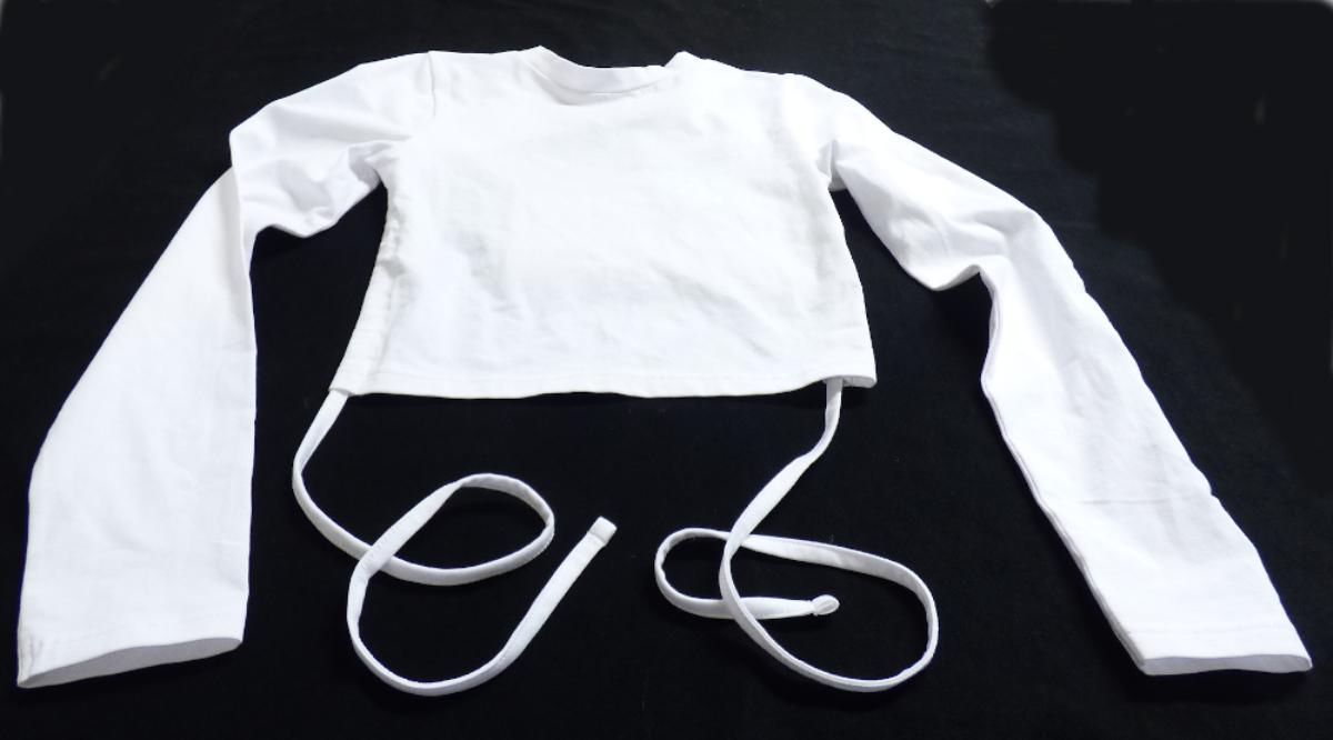 Kurzshirt, sog. Croptop, Größe S, Foto siehe Anlage,
- aus ca. 0,6 mm dicken, einfarbigen Gewirken aus laut Antrag 100 % Baumwolle,
- lediglich den vorderen Teil des Oberkörpers bedeckend und kurz oberhalb der Taille endend;
  hinten weitgehend rückenfrei, nur den oberen Teil des Rückens (bis ca. zu den Schulterblättern)
  bedeckend, somit keine Ware der Position 6109,
- ohne Öffnung und ohne Verschluss,
- an den Seiten mit einem Tunnelzug mit im Rücken zu schließenden Bindebändern,
- mit einem runden Halsausschnitt,
- mit langen Ärmeln, auf dem linken Ärmel mit einer Applikationsstickerei verziert,
- an den Rändern durch Umschlagen und Festnähen gesäumt.

"Kleidung, andere als in den Positionen 6101 bis 6113 genannte, aus Gewirken, aus Baumwolle"