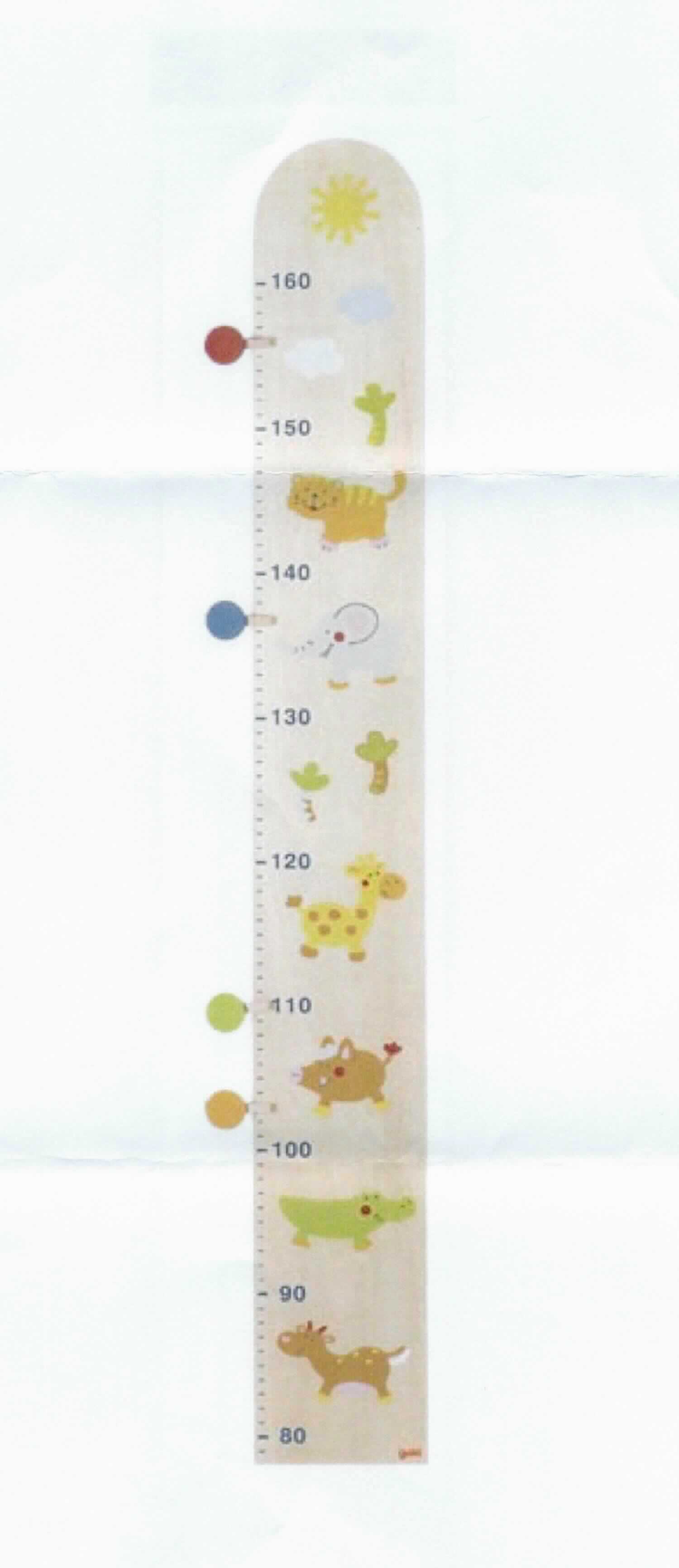 Sog. Holzmesslatte, im Wesentlichen bestehend aus einer ca. 91 cm langen, mit Tiermotiven bedruckten Messlatte aus Holz, mit einer Längenskala von 79 - 160 cm auf der Vorderseite und vier Holzklammern, welche die gemessene Größe auf der Messlatte dokumentieren (äußere Form siehe Abbildung in der Anlage).
Nach dem Befestigen (z. B. an einer Wand) kann bei Kindern deren Größe (Länge