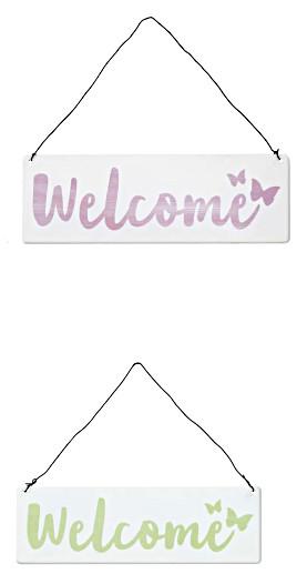 Es handelt sich um annähernd rechteckige, flache Erzeugnisse (Schilder) aus unedlem Metall, die mit dem Schriftzug "WELCOME" und stilisierten Schmetterlingsmotiven versehen sowie an der Oberseite mit einem Draht aus unedlem Metall als Aufhängevorrichtung zur Befestigung zum Beispiel an einer Wand oder Tür ausgestattet sind.
Die Waren liegen in unterschiedlichen Farben vor und dienen als Hinweisschilder.
Abmessungen (Höhe x Breite): 8 cm x 25 cm.
- Antragstellerangaben -

Exemplarische Abbildung siehe Anlage.

Derartige Erzeugnisse gehören als "Hinweisschilder und ähnliche Schilder, aus unedlen Metallen" zur Codenummer 8310 0000 00 0 des Zolltarifs.

Nicht Position 8306, da die Erzeugnisse einen Informationscharakter besitzen, der gegenüber dem Ziercharakter überwiegt.
