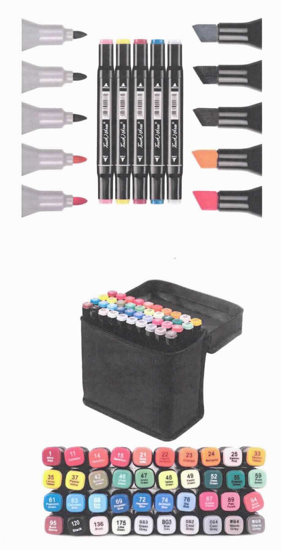 Bei dem sog. "Markerstift - Color Set", handelt es sich um ein Set bestehend aus 24, 40 oder 80 doppeltspitzigen Stiften in diversen Farbtönen. Die Stifte können sowohl mit der dünnen Spitze als auch mit der dicken Spitze  zum Malen verwendet werden. 

Die Mine ist von einem schwarzen Kunststoffgehäuse umschlossen. Die aus dem Gehäuse herausragenden Keilspitzen werden durch abnehmbare Verschlusskappen aus buntem Kunststoff  geschützt. Die Stifte eignen sich zum Beschreiben von Oberflächen. 

Die Markerstifte befinden sich in einem aus Spinnstoffen bestehenden Behältnis. Dieses ist zum dauernden Gebrauch geeignet. Das Behältnis besitzt vertikale Einstrebungen die von der Länge exakt auf die Größe der Stifte ausgemessen ist. 

Die Ware ist als "Schreiber und Markierstifte, mit Filzspitze oder anderer poröser Spitze" einzureihen.