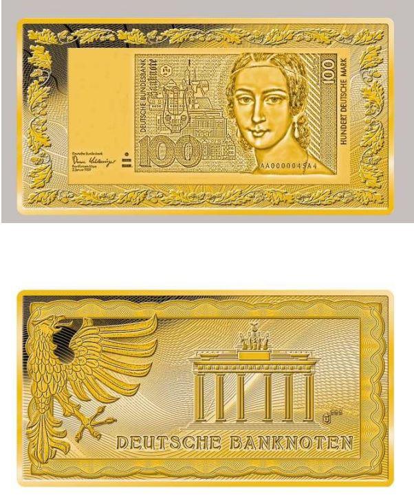 Es handelt sich um ein rechteckiges, folienartiges Fertigerzeugnis aus Gold, sog. Barren aus 99,9% Gold,
- mit der Feinheit von 999/1000,
- mit einem Gewicht von 1/200 Unze (=etwa 0,14 g),
- mit den Abmessungen von etwa 40 mm (Länge) x 20 mm (Breite) x 0,05 mm (Dicke),
- auf der Vorderseite u.a. mit der Nachbildung einer Banknote (100 Deutsche Mark) und Eichenlaub als
  Umrandung versehen,
- auf der Rückseite u.a. mit der Abbildung des Brandenburger Tores, eines Greifvogels und der
  Aufschrift "DEUTSCHE BANKNOTEN" versehen.

Die Ware ist aufgrund ihrer Beschaffenheitsmerkmale (folienartiges Fertigerzeugnis) weder als Rohform (Goldbarren) noch als Halbzeug (Goldplättchen) in die Position 7108 einzureihen. Auch eine Einreihung in die Position 7114 ist ausgeschlossen, da das Erzeugnis aufgrund seiner Dicke keine Goldschmiedeware darstellt. Damit bleibt nur eine Einreihung nach stofflicher Beschaffenheit. 

Abbildung siehe Anlage.

Derartige Erzeugnisse gehören als "andere (als in der Codenummer 7115 1000 00 0 genannte) Waren aus Edelmetallen (Gold)" zur Codenummer 7115 9000 00 0 des Zolltarifs.