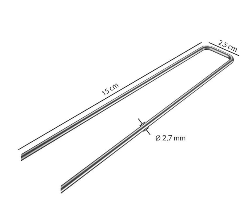 Es handelt sich um 50 annähernd U-förmig gebogene und an beiden Enden zugespitzte Stahldrahtabschnitte mit rundem Querschnitt (maximale Querschnittsabmessung: 2﻿,﻿7 mm).
Die verzinkten Waren werden in den Boden eingebracht und dienen zur Befestigung von z. B. Gartenschläuchen, Zelten oder Pavillons.
Länge x Breite: 150 x 25 mm.
- Antragstellerangaben -

Abbildung siehe Anlage.

Derartige Erzeugnisse gehören als "andere Krampen oder Klammern, aus Stahldraht hergestellt" zum TARIC-Code 7317 0060 00.