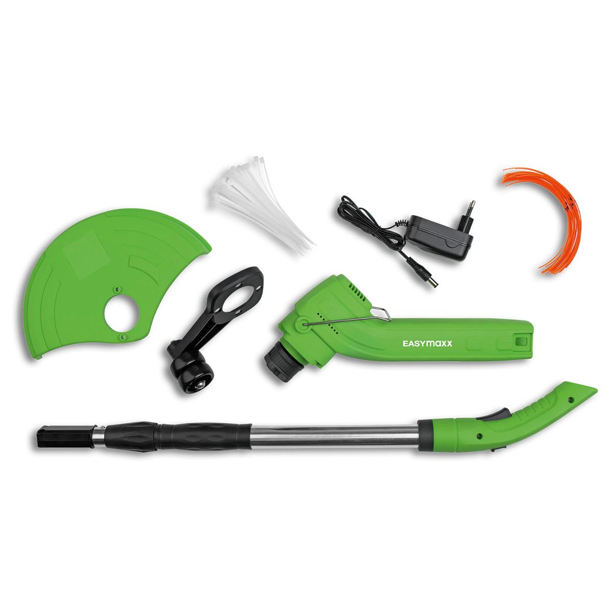 Akku-Rasentrimmer (Abbildung siehe Anlage)
- aus Trimmer mit Blumenschutzbügel, Griff mit Sicherheitsschalter, höhenverstellbarem Teleskopstiel,
  Kantenführung, Schutzblende und Elektromotor mit Akku-Betrieb
- zum Schneiden von Gras und Unkraut in Gärten und entlang von Beeträndern,
- in einer gemeinsamen Verkaufsumschließung mit Beipack (Netzteil, 24 Kabelbindern, 20 Trimmfäden).
Der Akku-Rasentrimmer bestimmt den Charakter des Ganzen.

"Von Hand zu führendes Werkzeug mit eingebautem Elektromotor, keine Bohrmaschine oder Säge,
  zum Betrieb ohne externe Energiequelle (Warenzusammenstellung in Aufmachung für den
  Einzelverkauf aus Akku-Rasentrimmer -charakterbestimmend- und Beipack)"