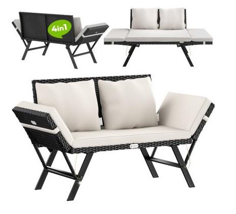 Bei der als "Polyrattan Gartenbank Schwarz/Creme" bezeichneten Ware handelt es sich um eine aus Gartenbank mit Rücken- und Seitenlehnen (maximale Abmessungen: 176x56x81 cm) mit einem Rahmen aus verzinktem Stahl mit Pulverbeschichtung und einem Geflecht aus wetterfestem Polyrattan. Die Armlehnen lassen sich herunterklappen, so dass eine Liegefläche entsteht. Die Gartenbank ist mit einem passgenau, lose aufgelegten Liegekissen (5 - 7 cm dicke Auflage) und zwei großen Kissen mit verdeckten Reißverschlüssen und Haltebändern ausgestattet und kann ohne diese Polsterung nicht sinnvoll verwendet werden.

Die auf dem Boden stehende Ware dient als Sitzmöbel im Außenbereich und ist für den Einzelverkauf in einem Karton aufgemacht.

Die Ware ist als "anderes als von der Position 9402 erfasstes Sitzmöbel, nicht von den Unterpositionen (HS) 9401 10 bis 9401 69 erfasst, mit Gestell aus Metall, gepolstert" einzureihen.