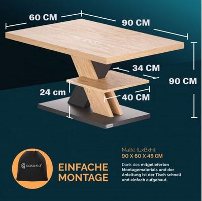 Es handelt sich bei dem "Couchtisch Detroit"  um einen ca. 45 x 60 x 90 cm (H x B x T) großen Tisch aus Holz (1,5 cm Spanplatte), bestehend aus einem x-förmigen Tischuntergestell mit einer darunter liegenden Ablagefläche. Die Ware dient der Ausstattung von Ess- oder Wohnzimmern. Das Erzeugnis ist in den Farben Weiß, Schwarz, Holz/Grau und Weiß/Eiche verfügbar.

Das noch nicht zusammengesetze, verpackte Erzeugnis wird als "anderes als von den Positionen 9401 und 9402 erfasstes Möbel, Holzmöbel von der in Ess- und Wohnzimmern verwendeten Art" eingereiht.