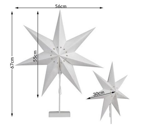 Es handelt sich um einen noch nicht zusammengesetzten Ziergegenstand aus Papier, im Wesentlichen bestehend aus einem Stern aus Papier und einem Ständer aus unedlem Metall.
Der Stern ist noch zusammengefaltet und muss durch Auffächern zu einem raumbildenden Stern mit sieben Zacken, aus zusammengeklebtem, nur leicht durchscheinendem Kartonpapier aufgefalten werden. Aufgefaltet hat der Stern, dessen Endflächen mit Hilfe einer Kordel aus Spinnstoffen geschlossen und mit einem Kordelstopper aus Kunststoff fixiert wird, einen Durchmesser von etwa 56 cm. Mittig aus dem Kartonpapier sind in kreisrunder Anordnung Sterne ausgestanzt.
Der Ständer aus unedlem Metall mit einer Höhe von etwa 60 cm, bestehend aus einem quaderförmiger Sockel, aus dem eine vertikal ausgerichtete Röhre hervorgeht. In das obere Ende der Säule ist mittels einer Unterlegscheibe und einer Mutter ein in etwa fünfeckiges Gestell aus Kunststoff befestigt. An dem Gestell ist eine Drahtlichterkette mit 10 LED befestigt. Das Batteriefach aus Kunststoff und der Ein- und Ausschalter für die Lichterkette ist im Sockel platziert.
Der Stern soll über das Gestell platziert und geschlossen werden. Das Gebilde soll zu Dekorationszwecken in Innenräumen aufgestellt werden, wobei die Lichterkette nicht zur Erhellung der Umgebung, sondern lediglich zur Erhöhung der Zierwirkung des Stern dient. Es handelt sich somit nicht um einen Beleuchtungskörper der Pos. 9405.

Abbildung siehe Anlage.

Derartige Waren gehören als "andere, als in von vorgenannten TARIC-Codes aufgeführte Waren aus Papier und Pappe" zum TARIC-Code 4823 90 85 80, da es sich um eine aus verschiedenen Stoffen und Bestandteilen zusammengesetzte Ware handelt, deren wesentlicher Charakter nach dem Umfang und der Bedeutung für die Verwendung durch den überwiegend aus Pappe bestehenden Stern bestimmt wird.