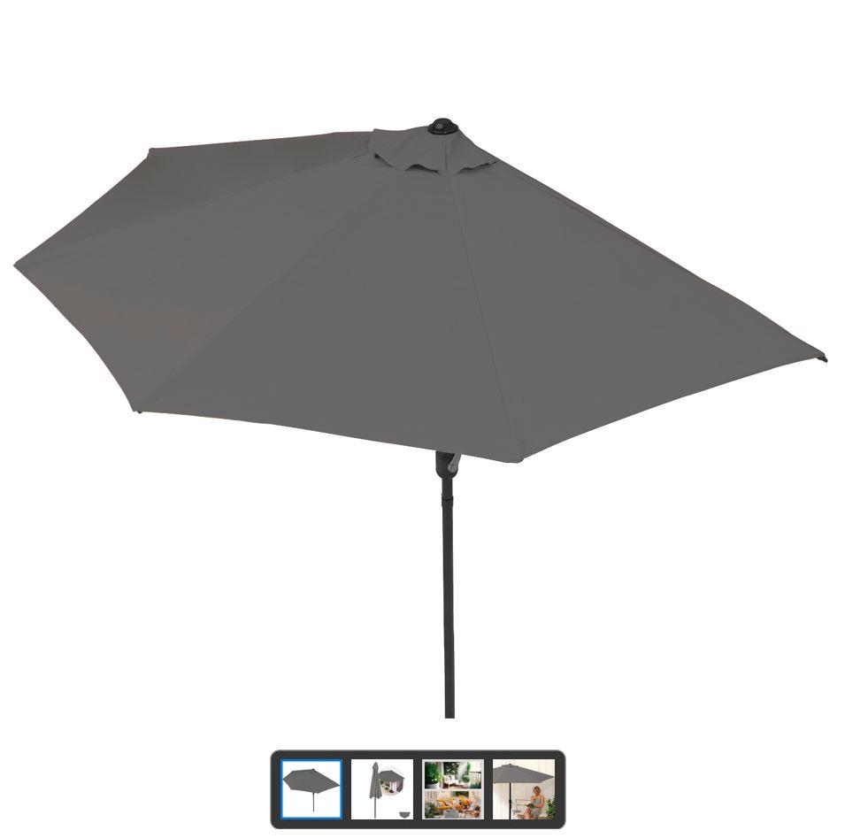 Sonnenschirm, sog. EASYmaxx Sonnenschirm, halbrund (270 x 140 cm), grau, Foto siehe Anlage,
ein Warenmuster wurde nicht vorgelegt, die Einreihung erfolgt anhand der Antragsangaben,
- mit einem zweiteiligen Gestell und Verstrebungen aus unedlem Metall (Aluminium und Stahl),
- mit einem Bezug aus einem textilen Flächenerzeugnis (Polyester); mit einer Windöffnung
  am oberen Ende,
- durch ein Kurbelsystem am Gestell zu öffnen und zu schließen,
- halbrund; mit den Abmessungen: ca. 270 cm (Länge) x 140 cm (Breite) x 235 cm (Höhe),
- ohne Schirmbefestigung oder Schirmsockel,
- zur Aufstellung auf dem Boden bestimmt.

"Sonnenschirm, Gartenschirm"