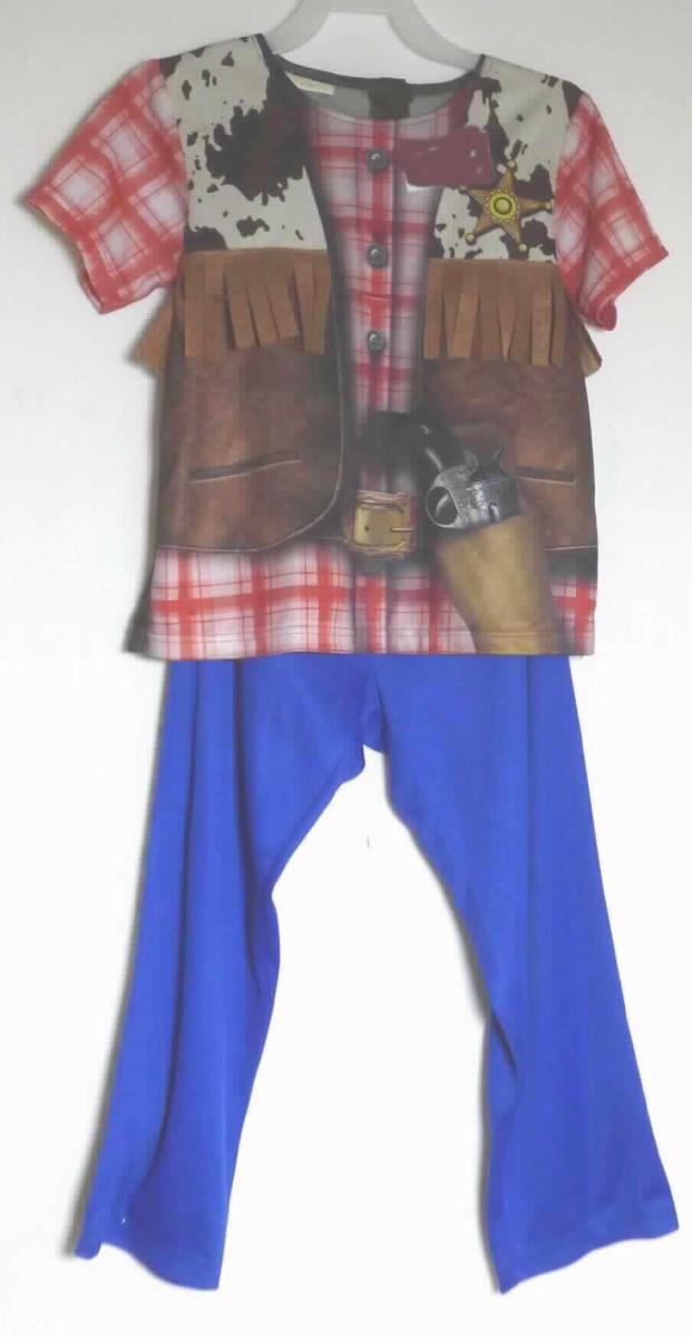 Faschingskostüm, sog. Kinder Kostüme Cowboy, T-Shirt und Hose, NAN 83147612, KopfNAN 8051814, 
für Kinder im Alter von 4 bis 6 Jahren (entspricht Größe 104 bis 116), Foto siehe Anlage,
- Zusammenstellung, bestehend aus einer Bluse, einer Hose und einem Halstuch,
- laut Antrag gemeinsam in einem Polybeutel verpackt,
- gehört als Maskenkostüm aus Spinnstoffen nicht zum Warenkreis der Position 9505,
- die Kleidungsstücke bilden u. a. deshalb keine Kombination, da sie nicht vollständig aus ein und demselben 
  Flächenerzeugnis hergestellt sind,
- getrennte Einreihung aller Bestandteile, weil die Kleidungsstücke nicht zusammen in eine Position eingereiht 
  werden können,
- Lange Hose:
-- aus ca. 0,5 mm dicken, einfarbigen Gewirken aus laut Antrag 100 % Polyester (synthetische Chemiefasern,
-- in der Taille abschließend, mit einem doppelt gearbeiteten, ca. 2 cm breiten Taillenbund, mit einem 
   eingenähten, elastischen Band,
-- ohne Öffnung und ohne Verschluss; ohne Hinweise auf den Trägerkreis (unisex), 
-- mit knöchellangen Hosenbeinen,
-- am unteren Rand durch Umschlagen und Festnähen gesäumt.

"Lange Hose, aus Gewirken, für Mädchen, aus synthetischen Chemiefasern"