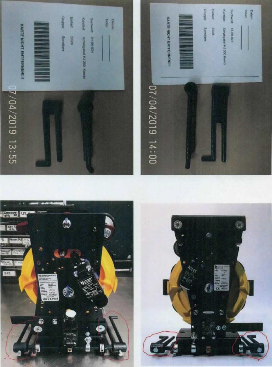 Sog. Schaltgabel,
- aus einem maßhaltig nach Zeichnung gefertigten, spezifisch gabelähnlich geformten 
  Werkstück aus unedlem Metall (Werkstoff GTW40), an der Unterseite mit einer 
  zylindrischen Basis (Durchmesser 22 mm, Länge 30 mm), mit einer spezifisch 
  platzierten Bohrung mit Innengewinde (M6), an der Oberseite mit einem Gabel-
  zinken mit einer Abwinkelung (Länge: 97 oder 138 mm) und einer geraden Gabel-
  zinken (Länge: 92 oder 136 mm) - Abbildung siehe Anlage -,
- zur Verwendung als Auslöseelement nach Montage in einem sog. Geschwindigkeitsbegrenzer für eine Fangvor-
  richtung für Fahrkörbe von Aufzügen.

"Teil, erkennbar ausschließlich oder hauptsächlich für Maschinen der Position 8428 bestimmt - sog. Schaltgabel"