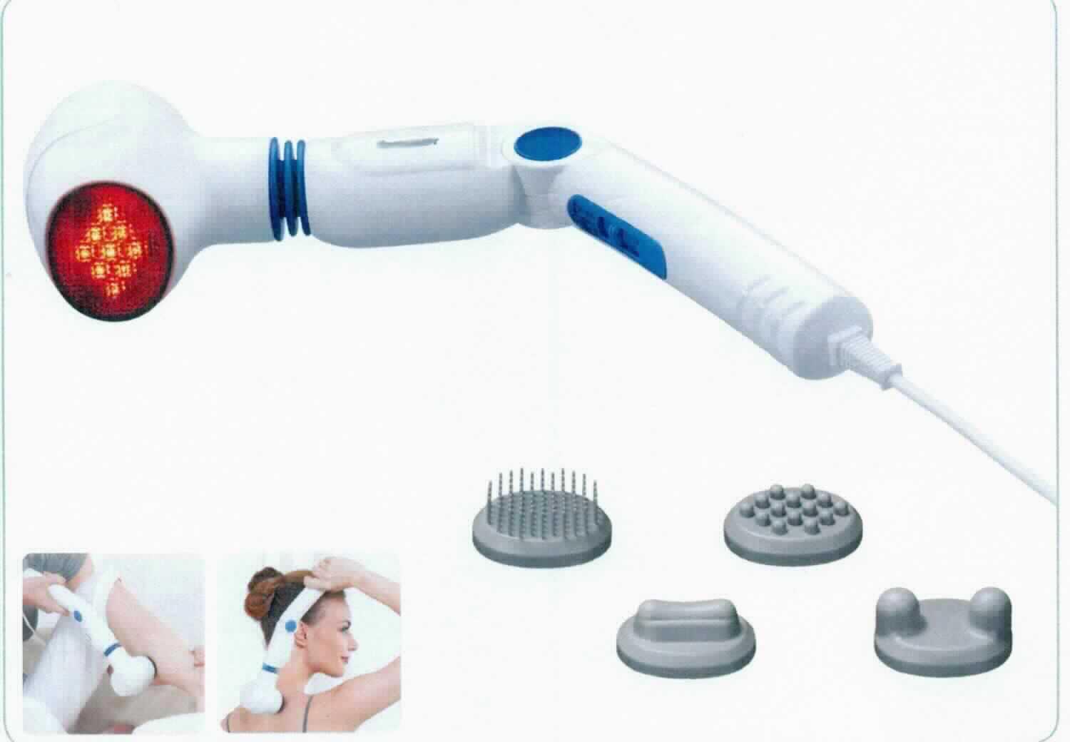 Sog. Infrarot-Massagegerät, im Wesentlichen bestehend aus einem stabförmigen ca. 650 g schweren und ca. 88/390/85 mm großen Gerät mit integrierter Massagefläche und Infrarotwärmequelle in einem Kunststoffgehäuse mit Kabel, Netzstecker und Bedienelement, als charakterbestimmender Bestandteil in Warenzusammenstellung in Aufmachung für den Einzelverkauf mit vier auswechselbaren Massageaufsätzen. Der Massagekopf ist um 180° drehbar und der Massagestab besitzt mittig ein beugbares Gelenk. Zur äußeren Form siehe Abbildung in der Anlage. 
Das Massagegerät wird u. a. bei Muskelverspannungen und Schmerzen zum Beispiel im Rückenbereich eingesetzt. Die durch Vibrationenen bewirkte Massage stellt die Hauptfunktion des Gerätes dar, wobei zum Massageprogramm separat Infrarotwärme hinzugeschaltet werden kann. 

Die Ware wird als "elektrisches Vibrationsmassagegerät" eingereiht.