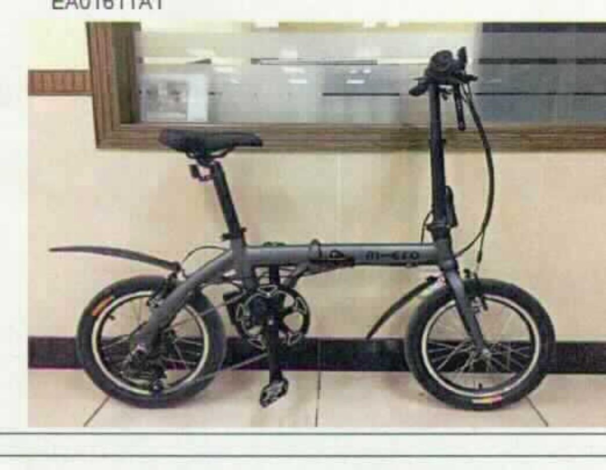 Fahrrad mit Hilfsmotor (Pedelec), sog. Akkubetriebenes Klapprad, Foto siehe Anlage, 
- laut Antrag in der Bauart eines faltbaren Kompaktrades, im Wesentlichen bestehend aus:
- - einem aus mehreren rohrartigen Elementen bestehenden, faltbaren Rahmen aus Aluminium, 
- - einer Starrgabel aus Aluminium,
- - einem klappbaren, höhenverstellbaren Vorbau mit Lenkstange mit Bremshebeln,
- - einem vollständigen Bremssystem (vorne und hinten Felgenbremsen in der Bauform einer 
    sog. V-Bremse),
- - einem Sattel mit Sattelstütze aus Aluminium,
- - einer Klingel,
- - zwei 16 Zoll Speichenrädern mit Felgen aus Aluminium mit Bereifung,
- - einer Kurbelgarnitur mit zwei Pedalen,
- - einer am Rahmen befindlichen Halterung mit Akkumulator (Li-Ion),
- - einem Hinterradnabenelektromotor mit einer Leistung von 250 Watt,
- - einer 6-gängigen Schaltung,
- - einem Ständer aus Aluminium,
- - einem Eigengewicht von 13,06 kg.

"Fahrrad mit Elektrohilfsmotor (Pedelec), mit einer Trethilfe, mit einer Nenndauerleistung von 250 Watt 
oder weniger"