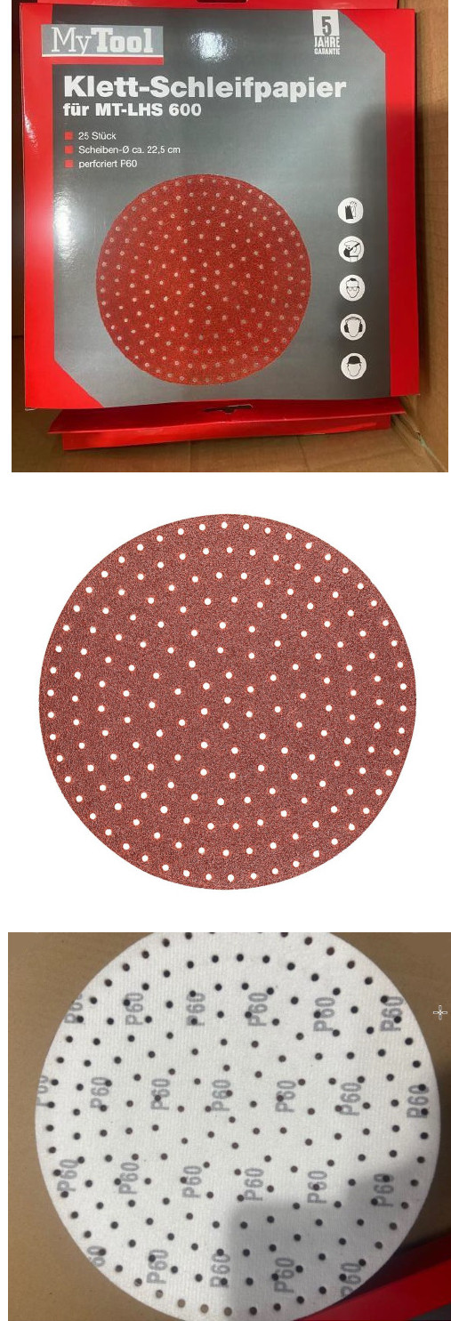 Angaben:
Klett-Schleifpapier Set für Langhalsschleifer; 25 Stück; Durchmesser ca. 22,5 cm; perforiert; P60; mit schleifender Seite aus Aluminiumoxid auf einer Unterlage aus Papier und kletthaftendem Rücken.

Befund:
Natürliche oder künstliche Schleifmittel, in Pulver- oder Körnerform, auf einer Unterlage aus anderen Stoffen, auch zugeschnitten oder anders zusammengefügt.