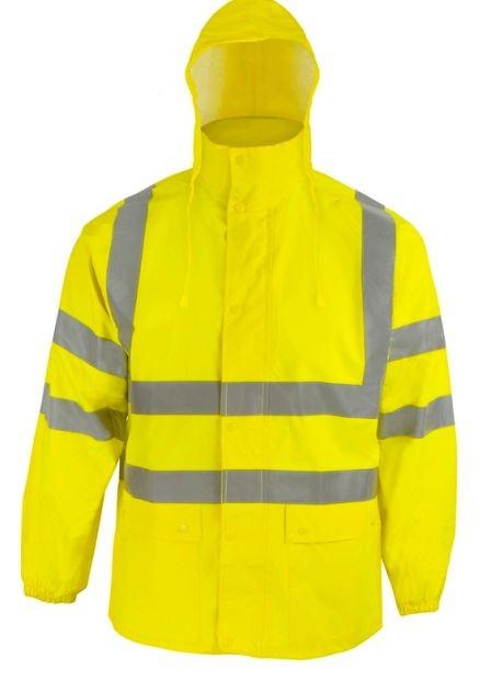 Anorakähnliches Kleidungsstück, sog. PREVENT® Warnschutz-Regenbekleidung, Art. RJG, Größe L,
Foto siehe Anlage,
- in einem Polybeutel verpackt,
- aus ca. 0,1 mm dicken, einfarbigen, einseitig (Innenseite) mit Kunststoff (laut Antrag Polyurethan; kein
  Zellkunststoff) überzogenen Geweben der Position 5903 aus laut Antrag 100 % Polyester (synthetische
  Chemiefasern),
- über den Schritt reichend (Rückenlänge: ca. 79 cm),
- mit einem Stehkragen mit einer in den Kragen einrollbaren Kapuze mit Tunnelzug,
- vorn mit einer durchgehenden Öffnung mit Reißverschluss; verdeckt von einer Patte mit Druckknopf-
  verschluss von links über rechts (Männerkleidung),
- mit langen Ärmeln; an den Ärmelenden elastisch verengt,
- vorn mit zwei aufgesetzten Taschen mit Patte und Druckknopfverschluss unterhalb der Taille,
- mit mehreren aufgenähten, ca. 5 cm breiten, reflektierenden Streifen versehen,
- am unteren Rand durch Umschlagen und Festnähen gesäumt,
- wird im Allgemeinen über jeder anderen Kleidung und zum Schutz gegen das Wetter getragen,
- erfüllt die Merkmale zur Einreihung als anorakähnliches Kleidungsstück, somit keine Ware der Unter-
  position (HS) 6210 40.

"Kleidung (anorakähnliches Kleidungsstück), aus Erzeugnissen der Position 5903, aus Geweben, von
 der in der Position 6201 beschriebenen Art"