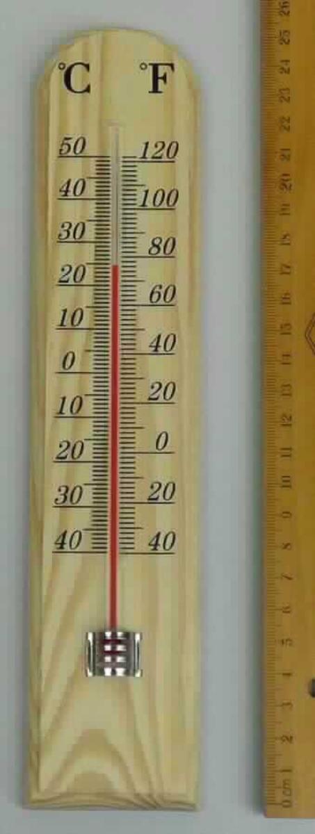 Sog. Thermometer, im Wesentlichen bestehend aus einem ca. 25,5 x 5,5 cm - L x B großen Holzstreifen, mit rückseitiger Aufhängevorrichtung in Form einer Metallöse und einer Temperaturskala von - 40° bis + 50°C bzw.  -40° bis +121°F, auf dem mittig ein mit Flüssigkeit gefülltes Röhrchen angebracht ist.
Das Thermometer wird üblicherweise zum Messen der Temperatur (z. B. in Räumen) verwendet.

Zur äußeren Form siehe Abbildung in der Anlage.

Die in einer Blisterverpackung aufgemachte Ware wird als "Thermometer, nicht mit anderen Instrumenten kombiniert, unmittelbar ablesbar, flüssigkeitsgefüllt, kein Fieberthermometer" eingereiht.