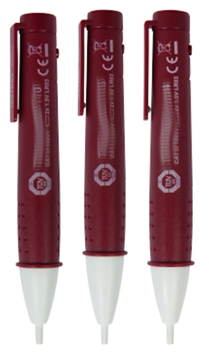 Sog. kontaktloser Spannungsprüfer mit LED-Leuchte, Testboy 110, 113, 114, in Form einer zusammengesetzten Ware, im Wesentlichen bestehend aus einem stiftähnlichen Kunststoffgehäuse mit einem Durchmesser von ca. 20 mm und einer Länge von maximal 150 mm, in welchem sich Bedien- und Anzeigeelemente befinden. Das batteriebetriebene Gerät hat ein Gewicht von ca. 60 g und ist mit Leuchtdioden ausgestattet. Der Messbereich liegt dem Gerätetyp entsprechend maximal zwischen 12 und 1000 V Wechselspannung.
Bei dem Gerät wird aufgrund der gegenseitigen elektrischen Kapazität Energie von einem Schaltkreis zu einem anderen übertragen. Im Gegensatz zum induktiven Messverfahren benötigt dieses Verfahren keinen Stromfluss. Das Vorhandensein eines spannungsführenden Leiters führt zum Leuchten der sich im Prüfteil am unteren Ende des Gerätes befindenden Diode. Je nach Gerätetyp wird die Anzeige durch einen Signalton und / oder durch Vibrationen verstärkt.
Darüber hinaus verfügt die Ware über eine Leuchtdiode, so dass sie als tragbare Leuchte Verwendung findet. Der Mess- und Prüfteil ist der charakterbestimmende Bestandteil des Geräts im Hinblick auf die Verwendung.

Zur äußeren Form siehe Abbildung in der Anlage.

Die Ware ist in einem Karton verpackt. Im Lieferumfang enthalten ist eine Bedienungsanleitung ("De-minimis-Regel").

Das Erzeugnis wird als "Gerät zum Prüfen elektrischer Größen (Spannung), ausgenommen Zähler der Position 9028, anderes als von den Unterpositionen (KN) 9030 1000 bis 9030 3320 erfasst" eingereiht.