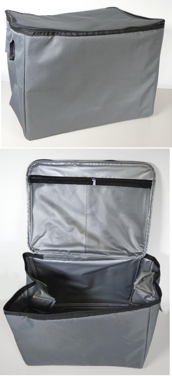 Isoliertasche für Nahrungsmittel oder Getränke, Foto siehe Anlage,
- mit einer Außenseite aus Spinnstoffen (Gewebe aus laut Antrag Polyester),
- mit einer isolierenden Zwischenlage aus Schaumkunststoff (laut Antrag EPE Foam) und
  einer Innenlage aus einer mattgrauen Kunststofffolie,
- mit zwei integrierten, von Patten verdeckten Tragegriffen,
- mit einem entlang des oberen Rands an drei Seiten verlaufenden Reißverschluss,
- - an der Deckelinnenseite mit zwei netzartigen Reißverschlussfächern ausgestattet,
- zur Aufnahme eines Getränkekastens gestaltet,
- mit den Abmessungen: ca. 47 cm (Breite) x 43 cm (Höhe) x 33 cm (Tiefe),
- ohne Hinweise auf Handarbeit,
- dient der Aufrechterhaltung der Temperatur von Getränken während des Transports.

"Isoliertasche für Nahrungsmittel oder Getränke, mit Außenseite aus Spinnstoffen,
  nicht handgearbeitet"