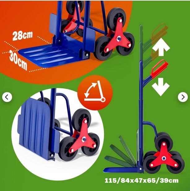 Treppenkarre 200 kg, Foto siehe Anlage,
- mit Rahmen aus Stahl und einem höhenverstellbaren Griffbügel,
- mit am Griffbügel angebrachten Sicherheitsgriffen aus Kunststoff,
- in den Abmessungen: ca. 65 cm (Tiefe) x 47 cm (Breite) x 115 cm (Höhe),
  zusammengeklappt ca. 39 cm (Tiefe) x 47 cm (Breite) x 84 cm (Höhe),
- rechts und links mit jeweils einem sternförmigen, aus drei Rädern (Durchmesser des
  Einzelrades ca. 16 cm) zusammengesetzten Rad; die Dreirad-Mechanik der Räder
  ermöglicht einen Transport über Treppenstufen mit einer Höhe von bis zu ca. 22 cm,
- mit einer klappbaren Ladeschaufel (Breite ca. 29﻿,﻿5 cm x Tiefe ca. 28 cm),
- zum Transport schwerer Güter (Tragkraft bis 200 kg),
- zum Schieben oder Ziehen mit der Hand.

"Nicht selbstfahrendes Fahrzeug (Sackkarre)"