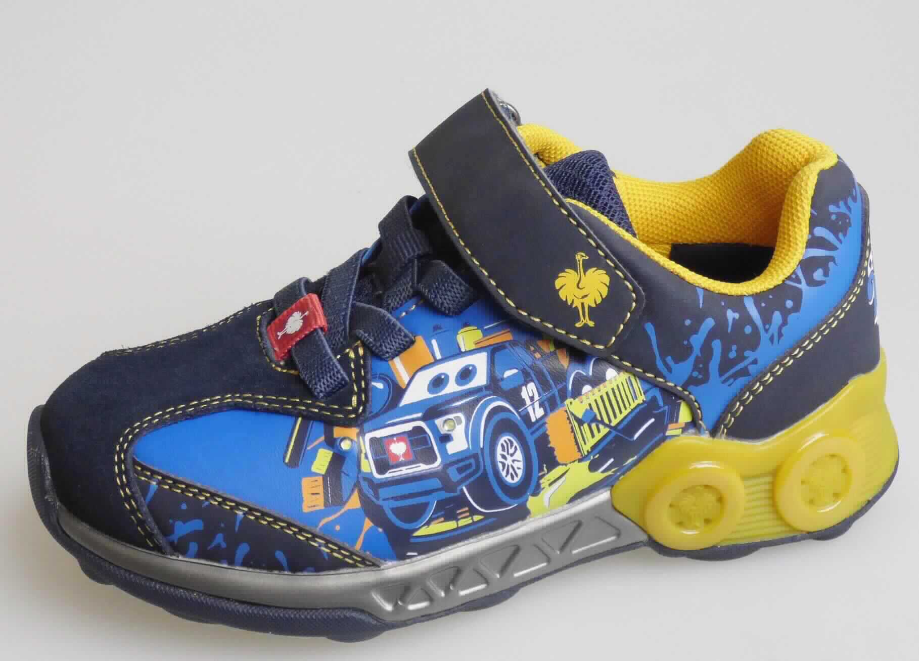 Halbschuhe (laut Antrag: "A3-Artikelnummer: 1865025, azure/yellow", Größe 28, Foto siehe Anlage), 
- mit Laufsohlen aus (laut Antrag) Kautschuk, 
- mit Oberteil (geschlossenes Blatt) aus Kunststoff (Spinnstoff mit einer mit bloßem Auge wahrnehmbaren 
  Außenschicht aus Kunststoff; den größten Teil der Außenfläche bildend) und Leder, 
- mit Klettverschluss und über dem Spann mit einem elastischen Band, 
- mit einer Blinkvorrichtung,
- nicht den Knöchel bedeckend, 
- ohne Metallschutz in der Vorderkappe, 
- mit einer Länge der Innensohle von ca. 17,9 cm.
	
"Schuhe, andere als in der Position 6401 genannte, mit Laufsohlen aus Kautschuk und Oberteil aus Kunststoff, 
 andere als in den Unterpositionen 6402 1210 bis 6402 9950 genannte, mit einer Länge der Innensohle von weniger 
 als 24 cm"