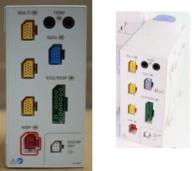Sog. Eingangsbox, in Form eines Moduls für einen Patientenmonitor, in zwei Ausführungen, im Wesentlichen bestehend aus einem rechteckigen Kunststoffgehäuse mit Freigabehebel zum Ablösen vom Patientenmonitor, das mit acht bzw. zehn verschiedenen Anschlussbuchsen versehen ist, u. a. zum Anschluss an die Schittstelle des sog. Monitors, zur Aufnahme von Temperatur-, Sauerstoff- , oder Kohlendioxidsensoren sowie von Verbindungskabeln für EKG und Blutdruck. Das Modul empfängt die verschiedenen Eingangssignale (z.B. EKG, Blutdruck, Temperatur, Sauerstoffsättigung des Blutes und andere medizinische Parameter), die nach Verarbeitung auf dem Anzeigedisplay des Patientenmonitors dargestellt werden. Die Eingangsbox kann zum Beispiel für einen Patiententransport vom Monitor getrennt werden und später an ein anderes Exemplar angeschlossen werden. 
Zur äußeren Form siehe Abbildung in Anlage.

Die Ware wird als "Teil, erkennbar hauptsächlich für ein elektromedizinsches Überwachungsgerät zur gleichzeitigen Überwachung von zwei oder mehr Parametern bestimmt" eingereiht.